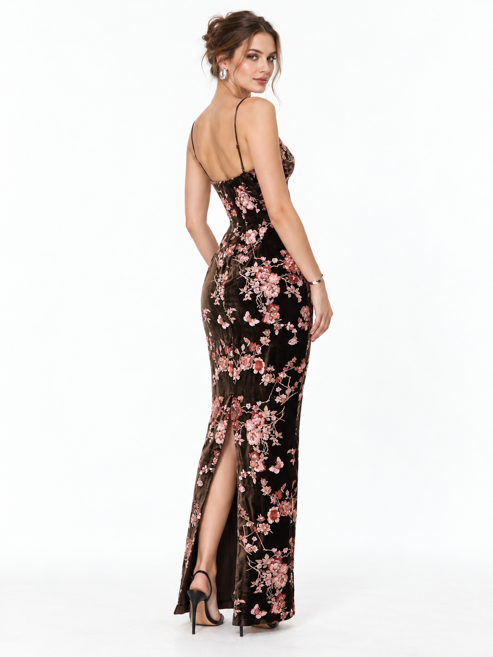 Floral Terciopelo Slip largo Entallado Vestido