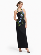 3D Floral Aplicaciones Halter cuello Vestido Largo
