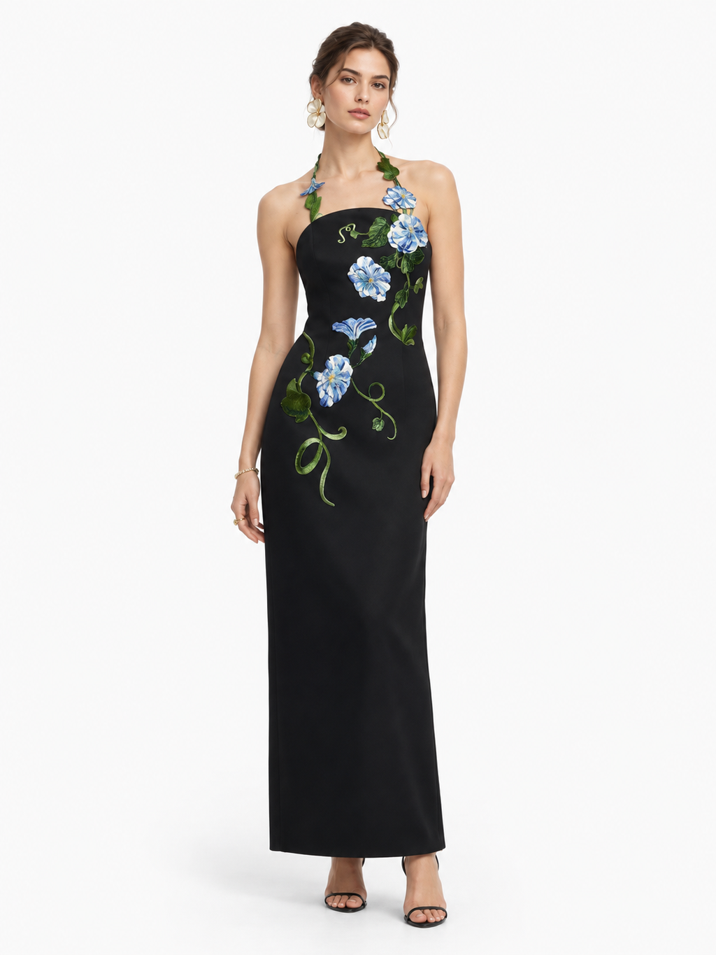 3D Floral Aplicaciones Halter cuello Vestido Largo