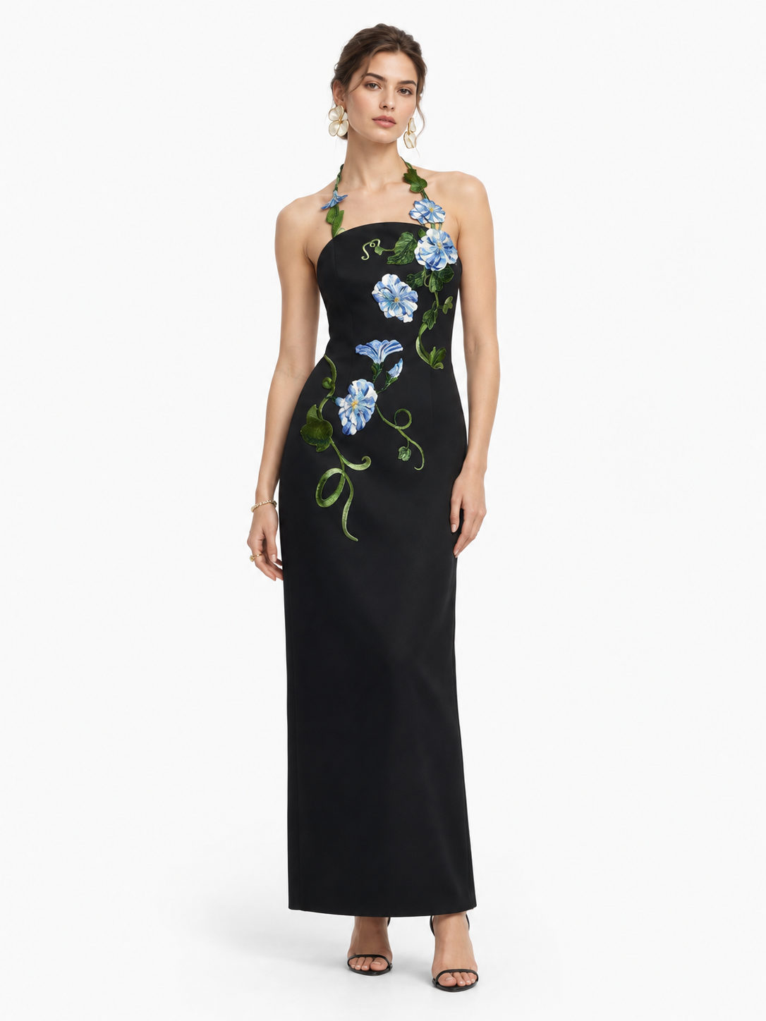 3D Floral Aplicaciones Halter cuello Vestido Largo