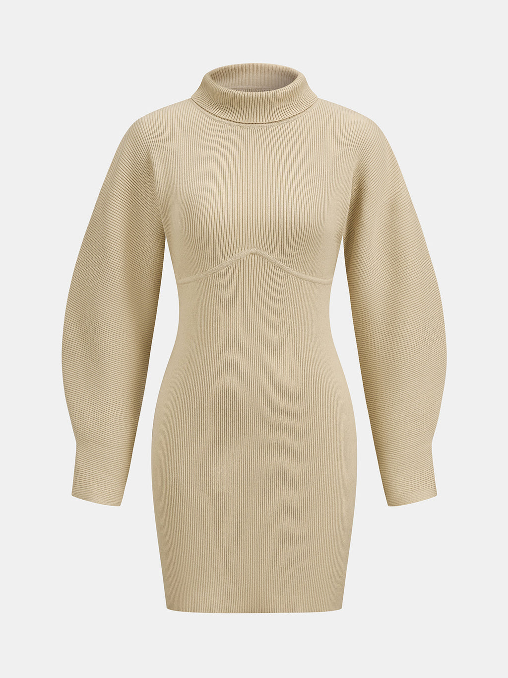 Cuello Alto Balloon manga Ribbed Punto Minivestido
