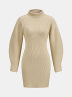 Cuello Alto Balloon manga Ribbed Punto Minivestido