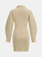 Cuello Alto Balloon manga Ribbed Punto Minivestido