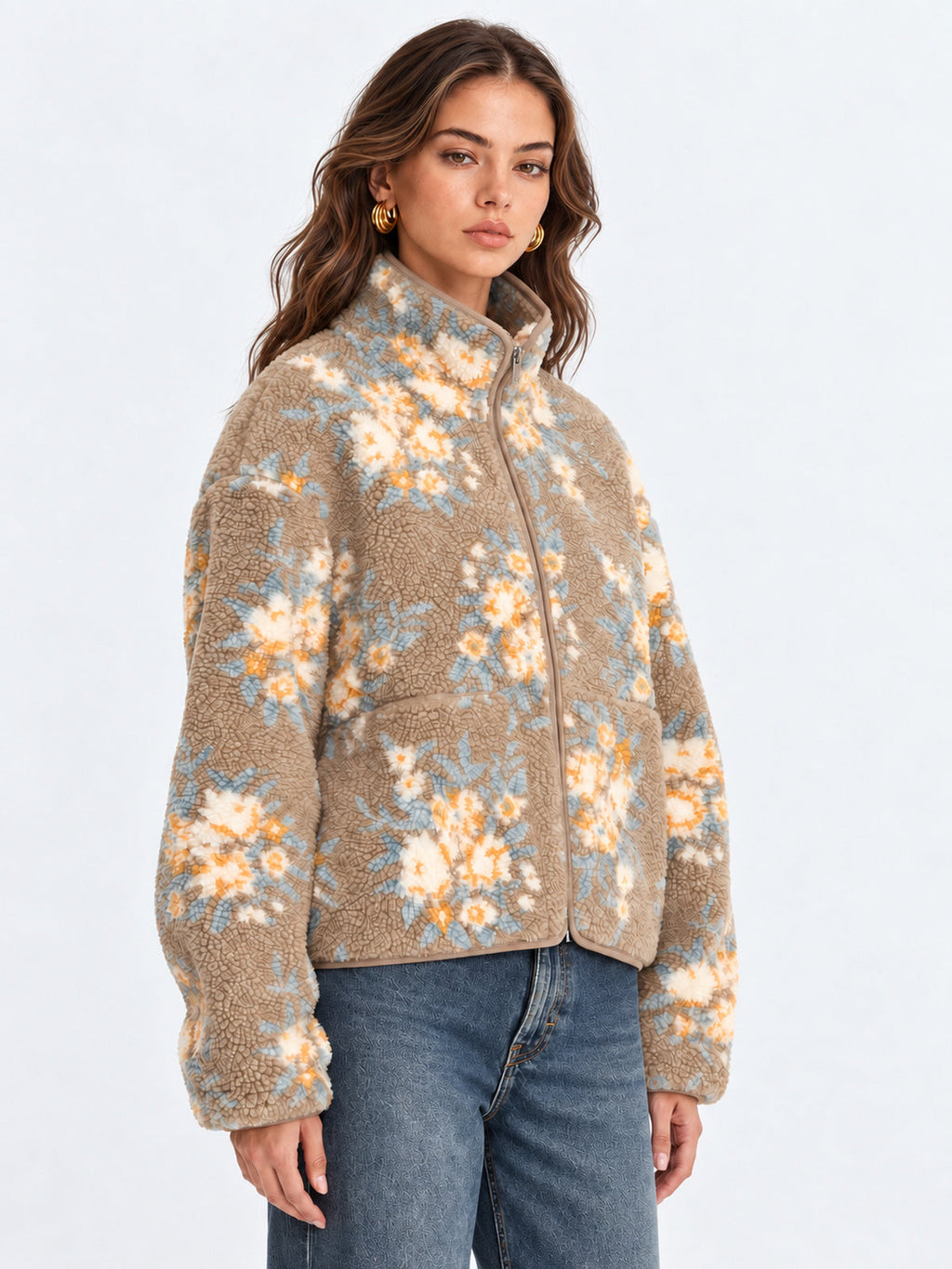 Floral estampado Zip-Up Fleece Chaqueta