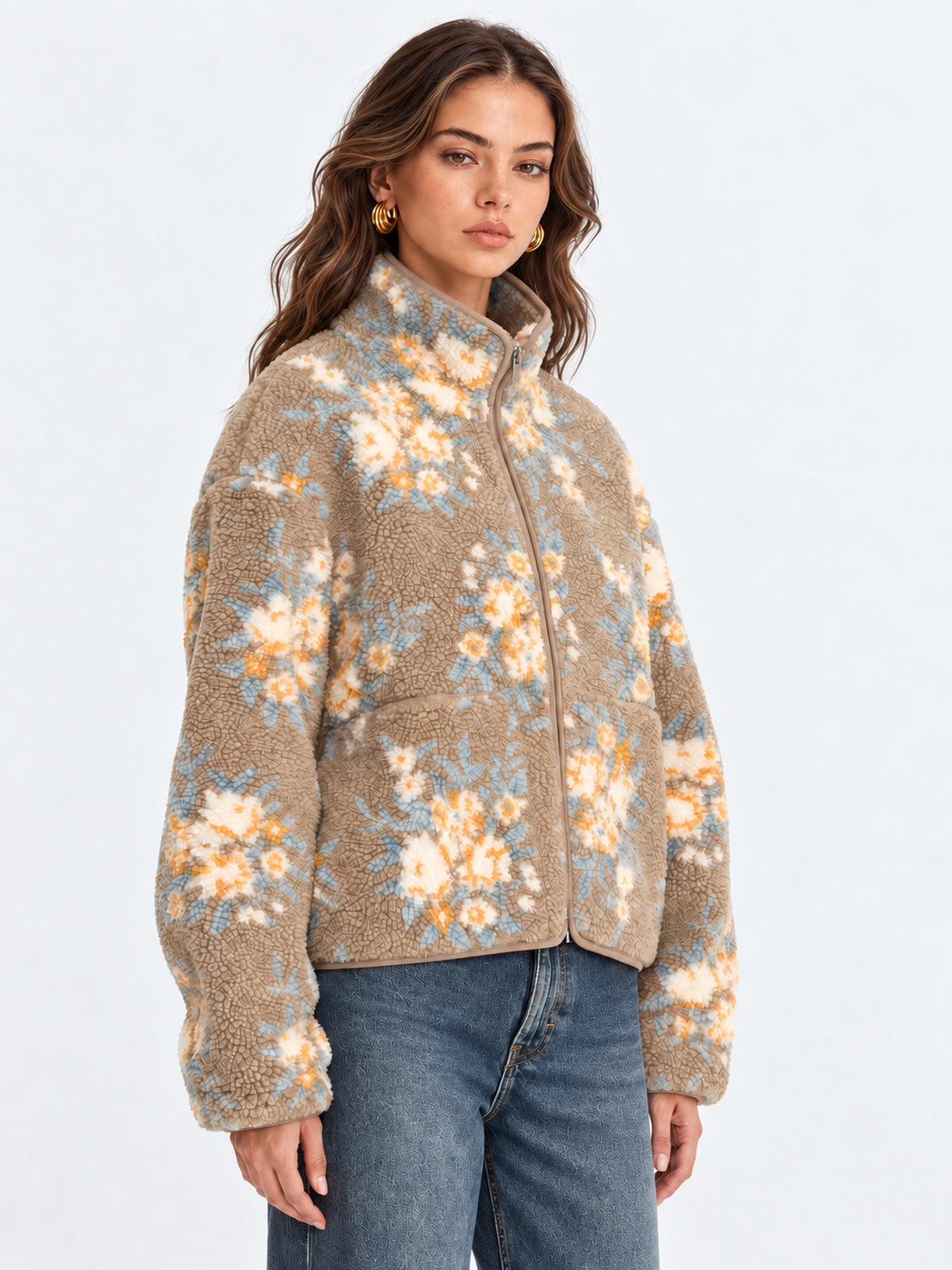 Floral estampado Zip-Up Fleece Chaqueta