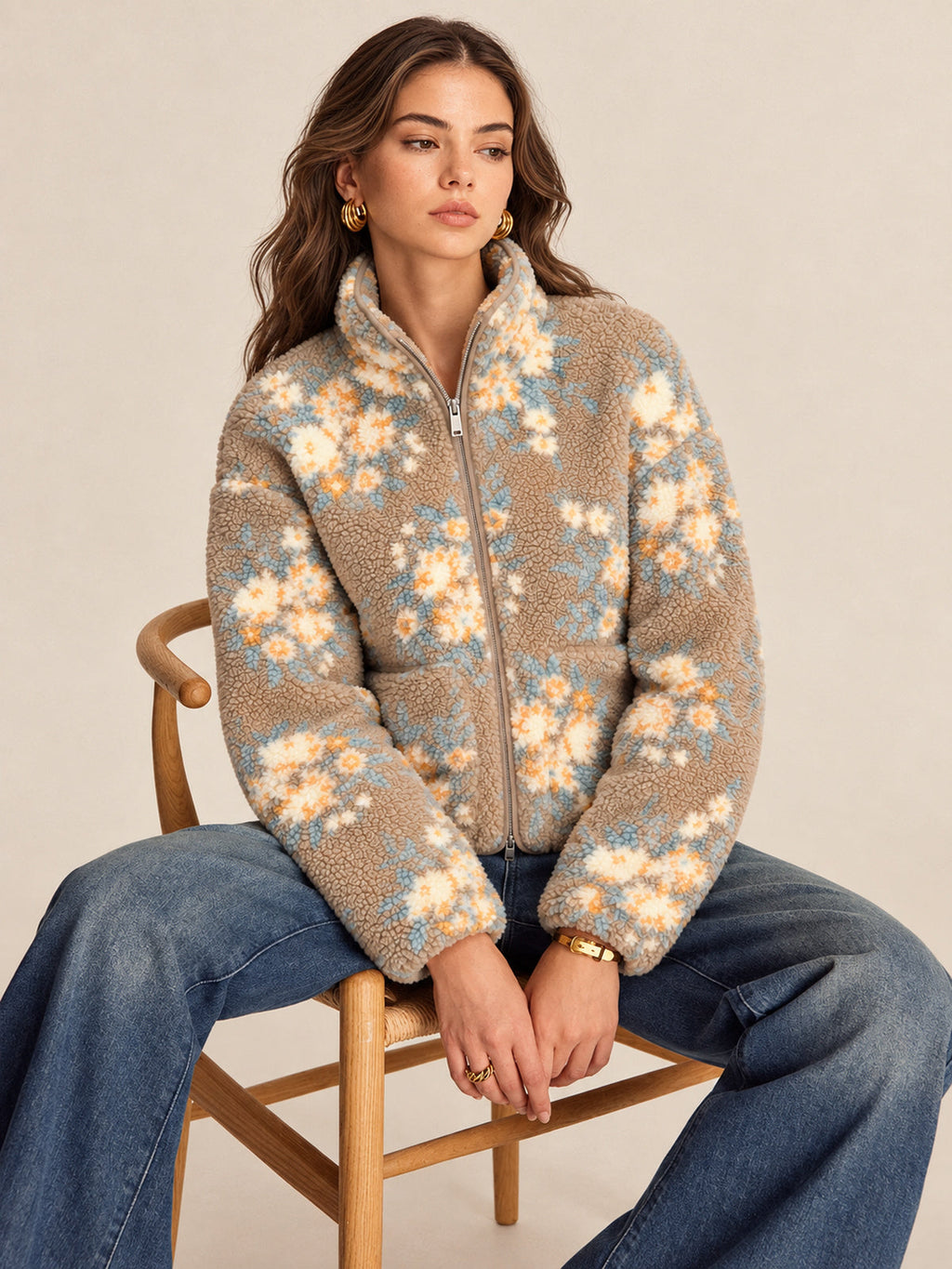 Floral estampado Zip-Up Fleece Chaqueta