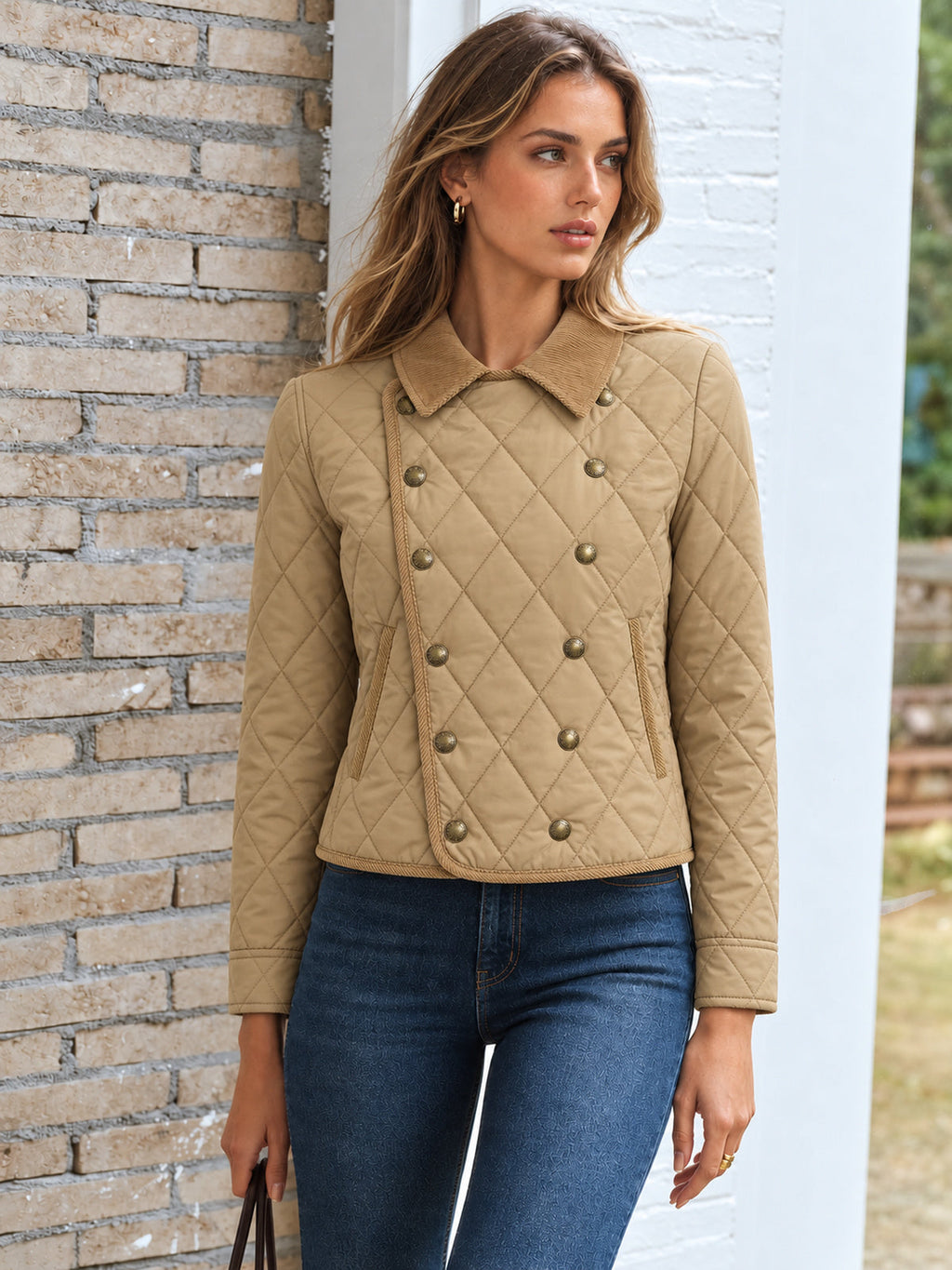 Corduroy cuello Cruzado Quilted Chaqueta