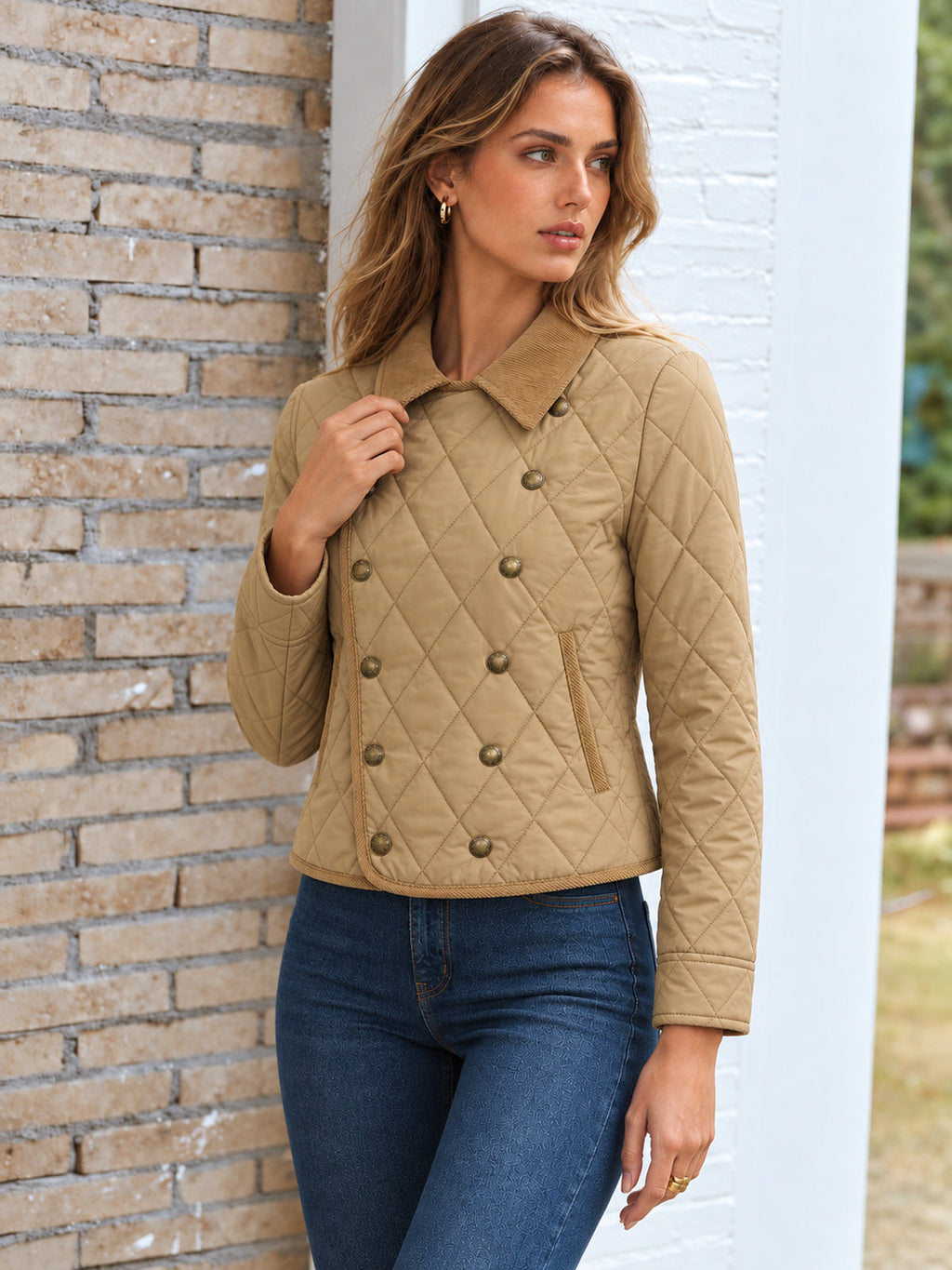 Corduroy cuello Cruzado Quilted Chaqueta