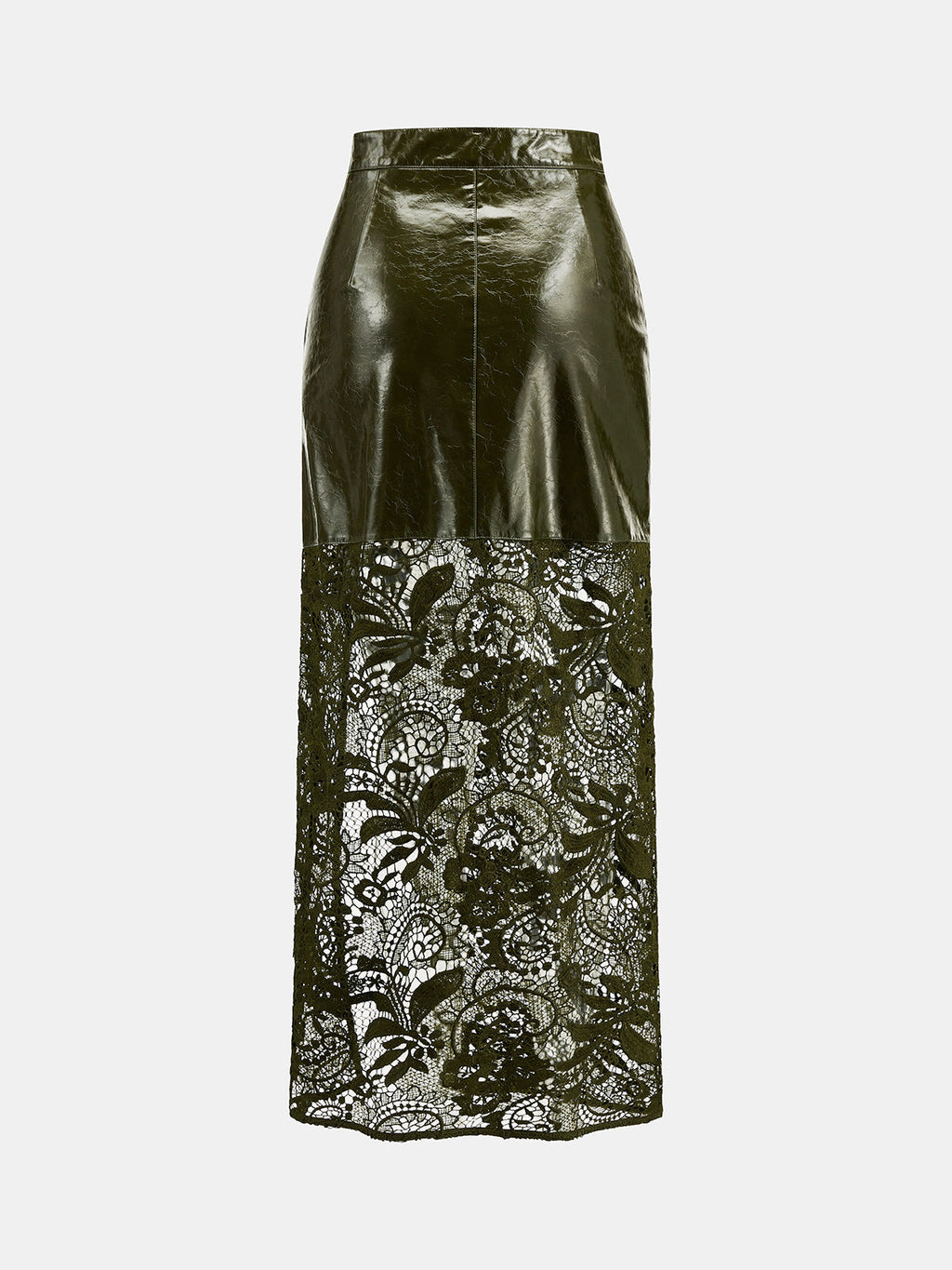 Faux-Leather Encaje-Patchwork frontal-Slit midi Falda
