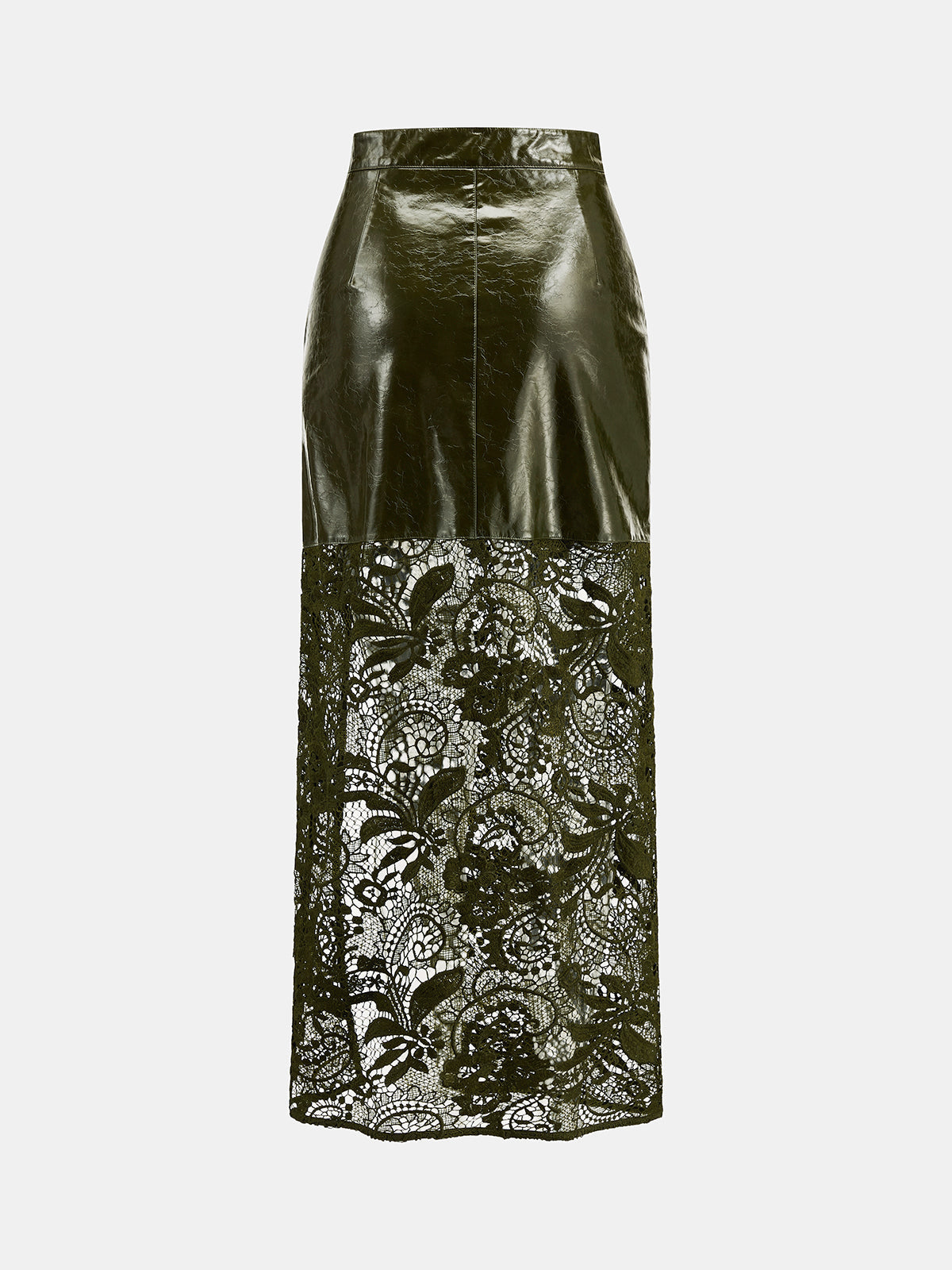Faux-Leather Encaje-Patchwork frontal-Slit midi Falda