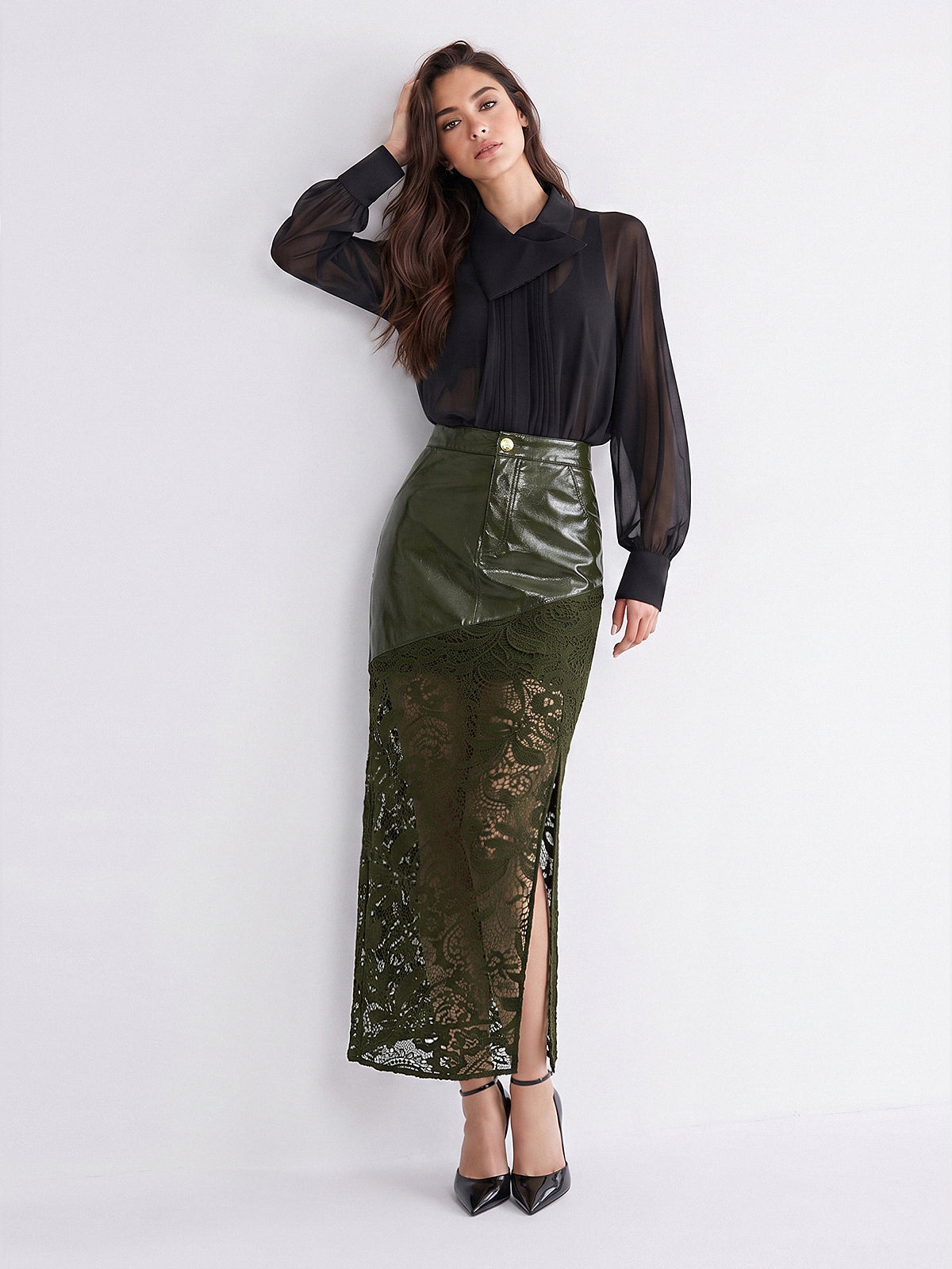 Faux-Leather Encaje-Patchwork frontal-Slit midi Falda