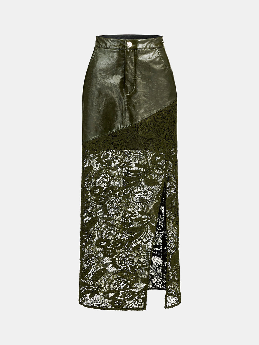Faux-Leather Encaje-Patchwork frontal-Slit midi Falda