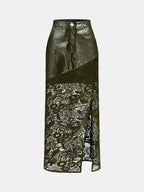 Faux-Leather Encaje-Patchwork frontal-Slit midi Falda