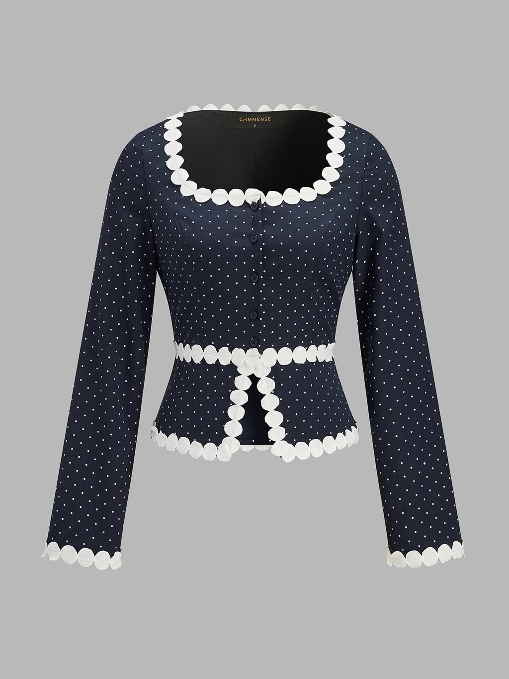 Lunares Scalloped ribete Manga Larga Blusa