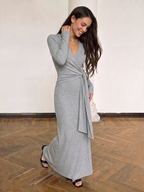 Manga Larga Escote V Cruzado Tie Vestido Largo