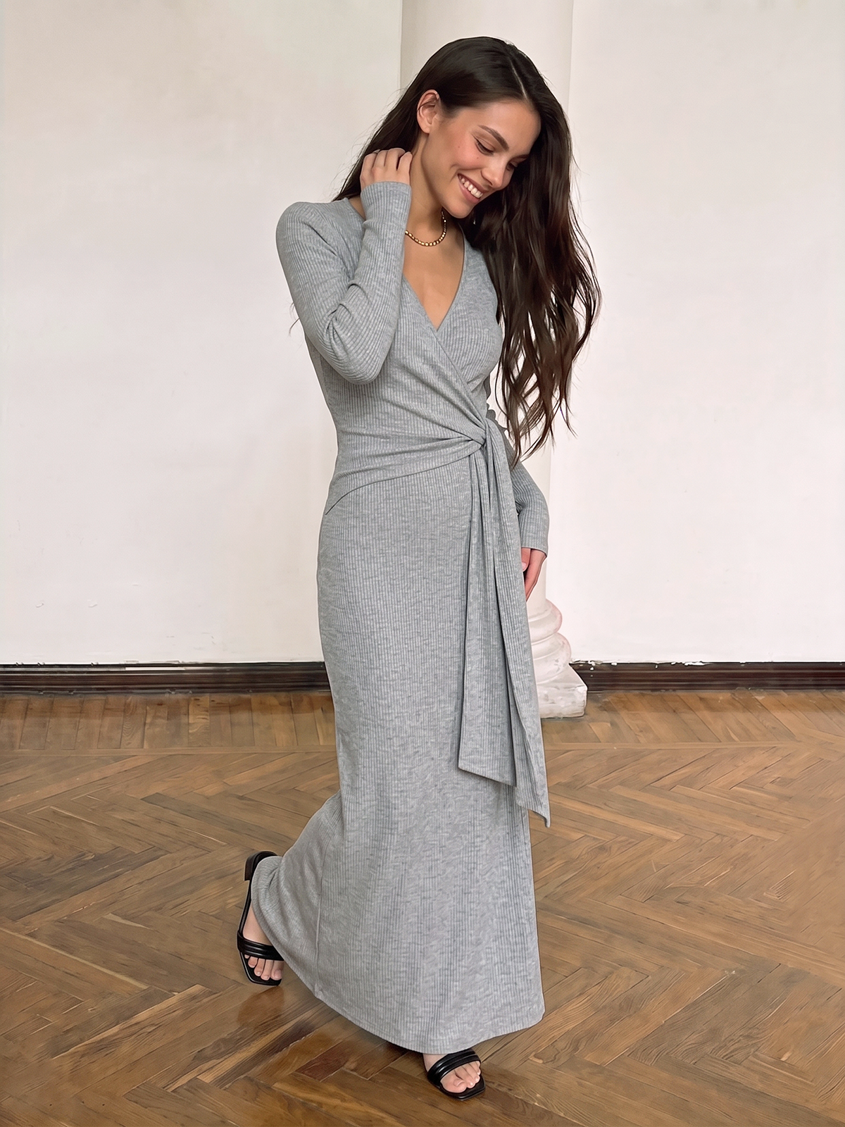 Manga Larga Escote V Cruzado Tie Vestido Largo