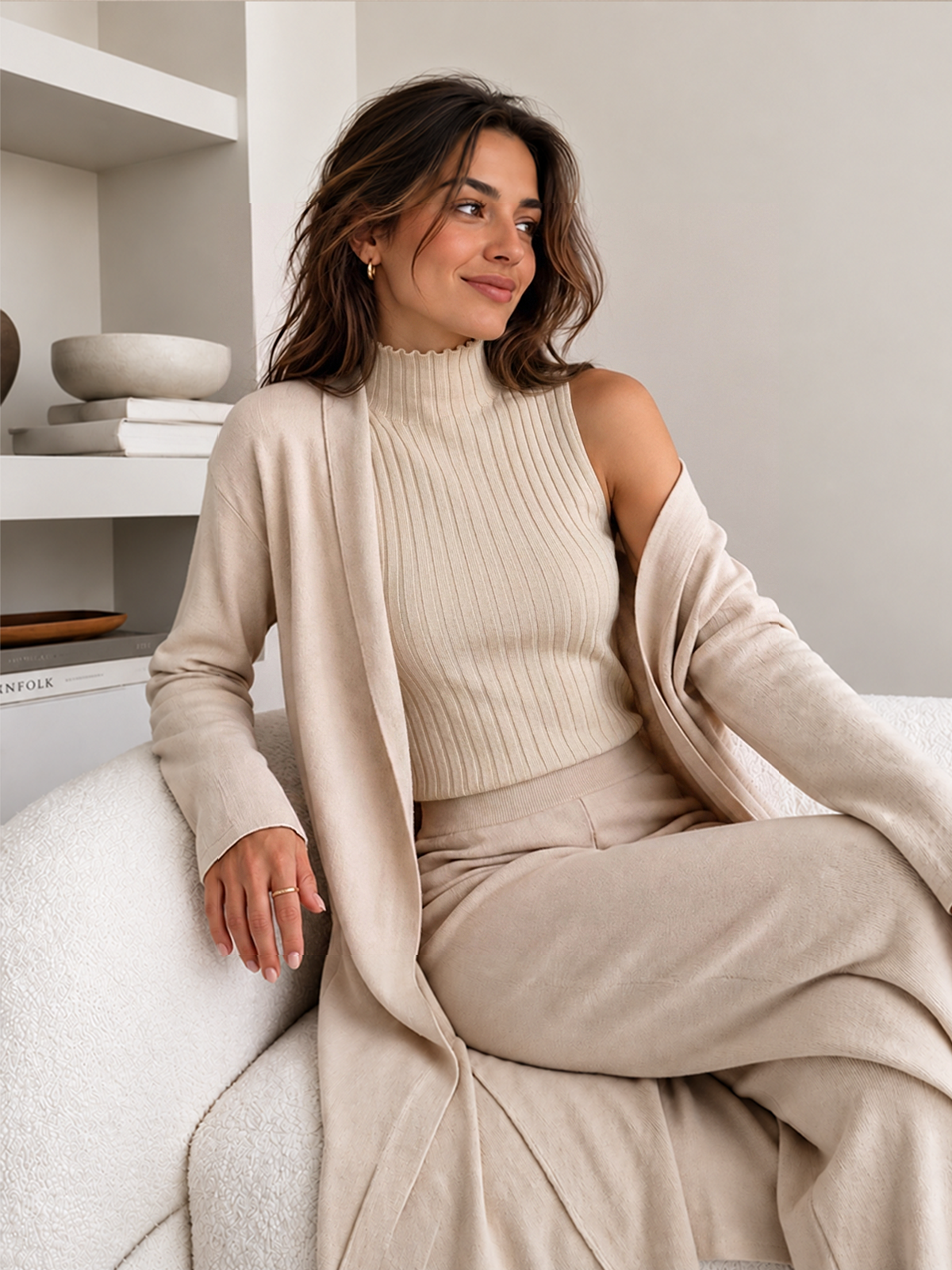 Punto Long Cárdigan Cuello Alto Top & Pantalón Three-pieza Set
