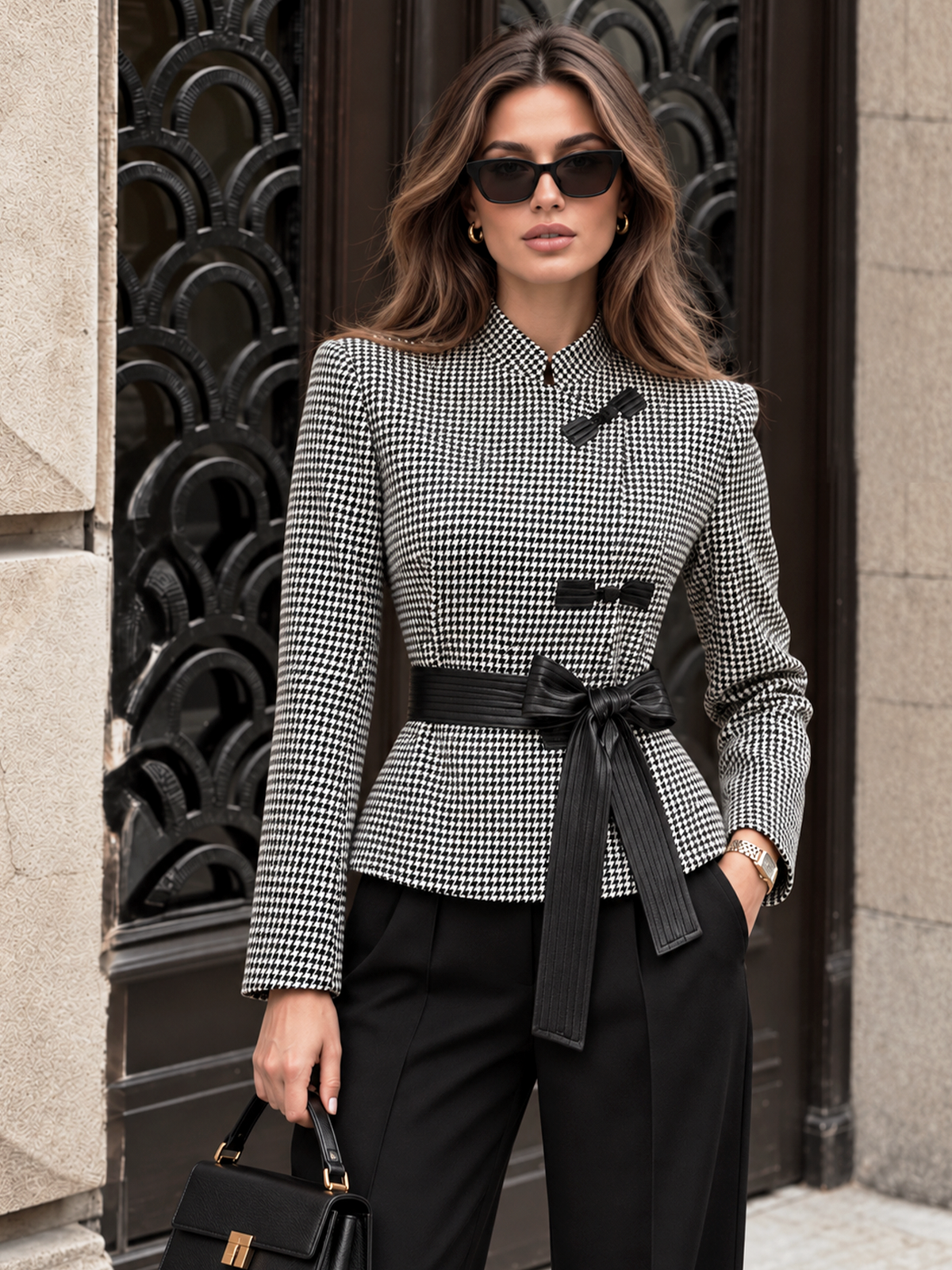 Houndstooth Frog botón con Cinturón Chaqueta