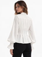 Lazo Tie cuello Smocked Flare Cuff Satinado Blusa