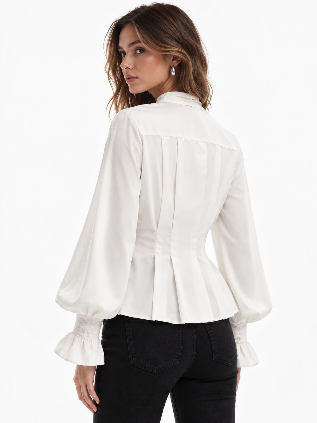 Lazo Tie cuello Smocked Flare Cuff Satinado Blusa