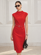 Drapeado Cuello Alto con Cinturón Cap manga Vestido midi