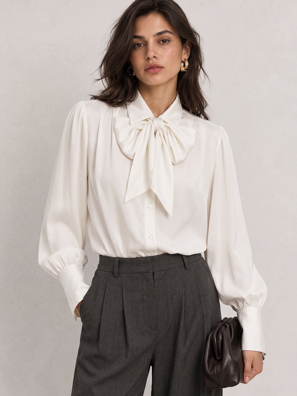 Satinado Lazo-Tie cuello Manga Larga Blusa