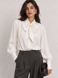 Satinado Lazo-Tie cuello Manga Larga Blusa