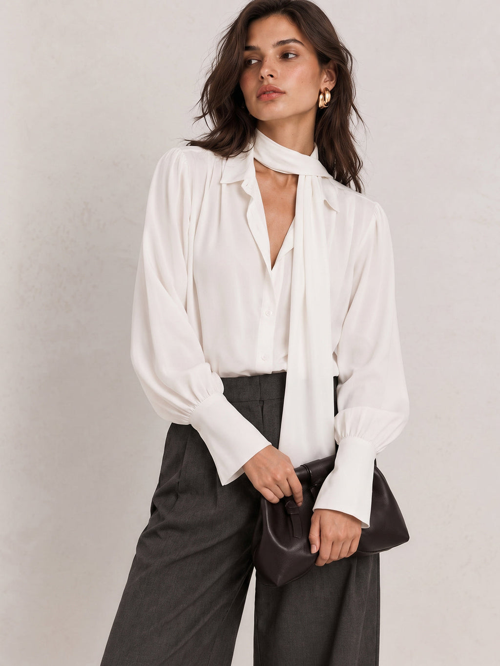 Satinado Lazo-Tie cuello Manga Larga Blusa