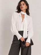 Satinado Lazo-Tie cuello Manga Larga Blusa