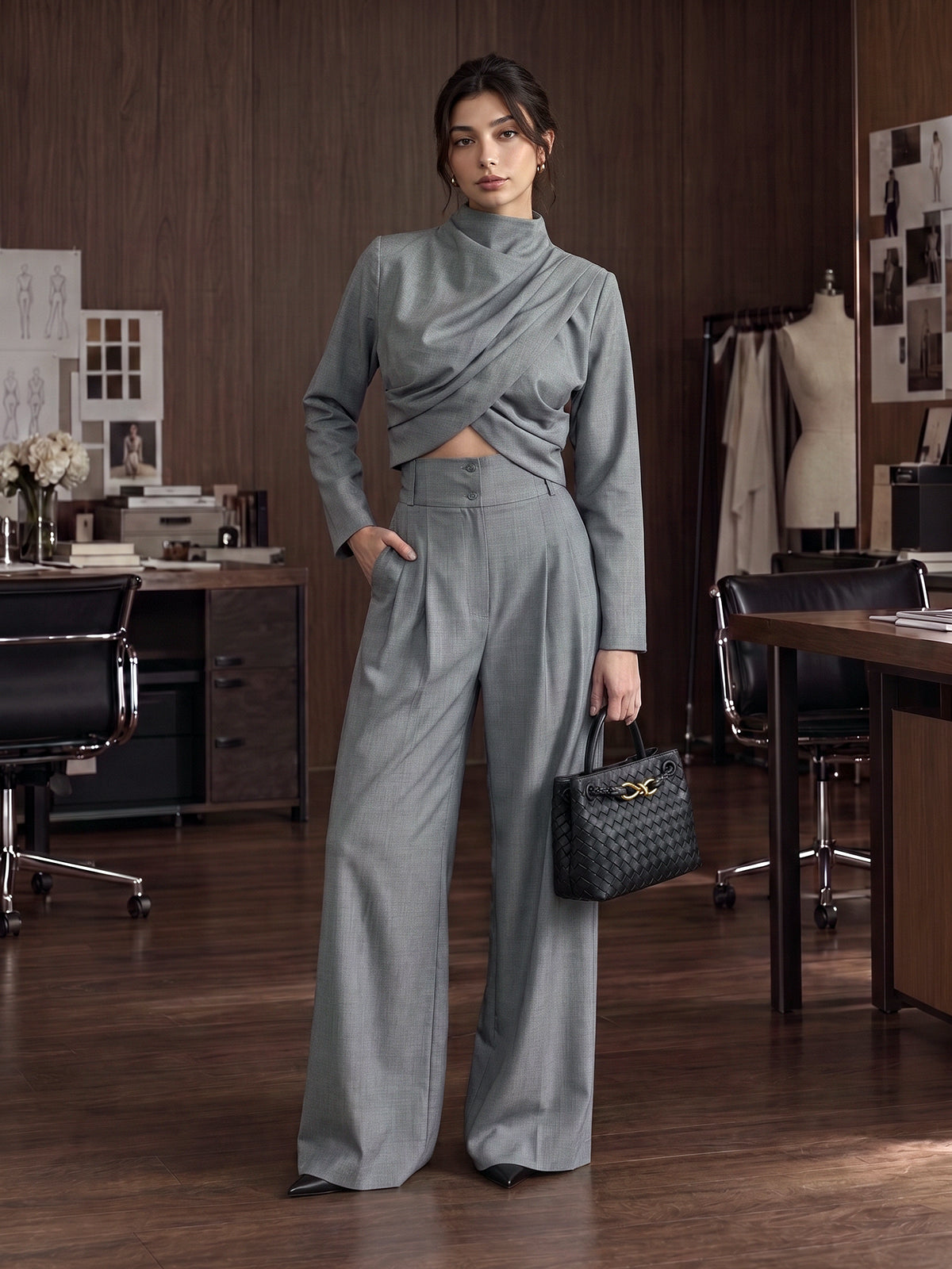 Drapeado Cruzado Blusa & Pierna Ancha Pantalón Set