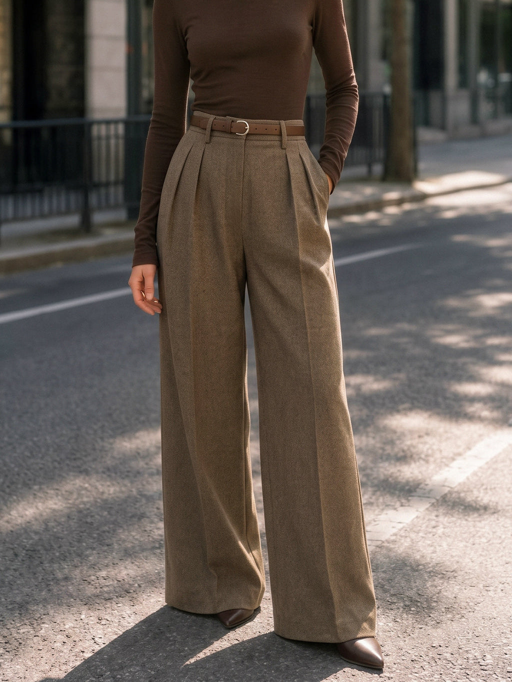 Plisado Tailored Pierna Ancha Pantalón
