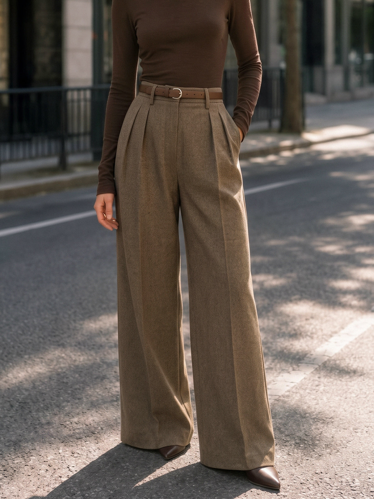 Plisado Tailored Pierna Ancha Pantalón