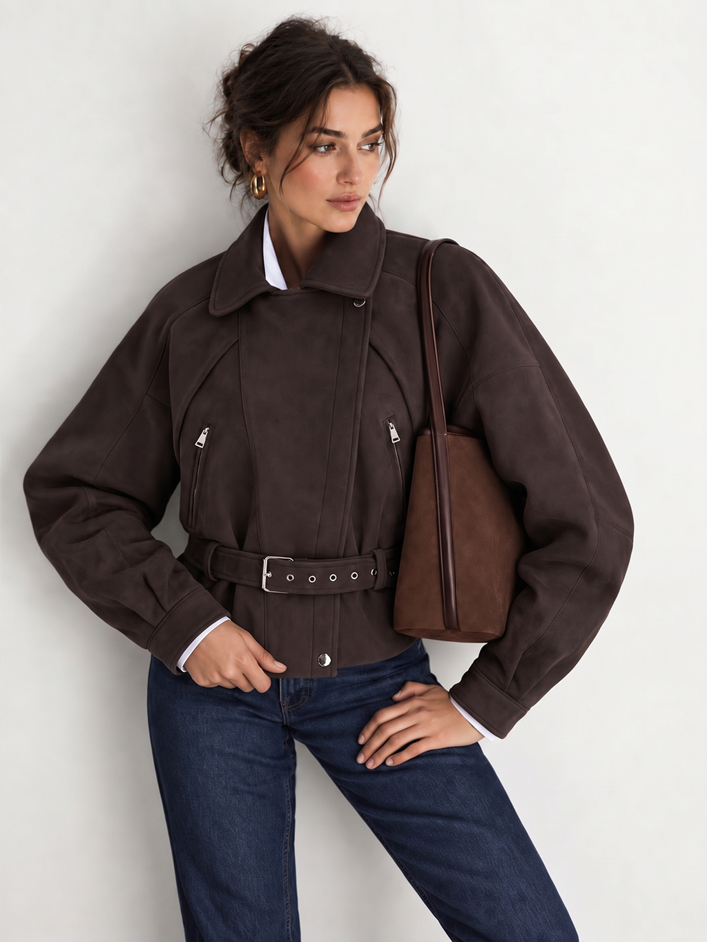 Faux-Ante con Cinturón Moto Biker Chaqueta