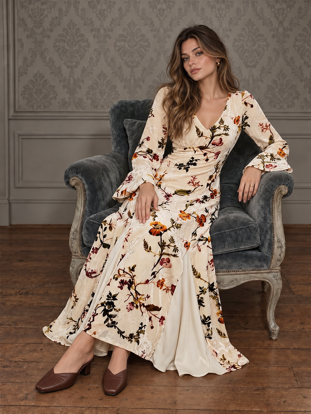Vestido Maxi de Terciopelo Floral