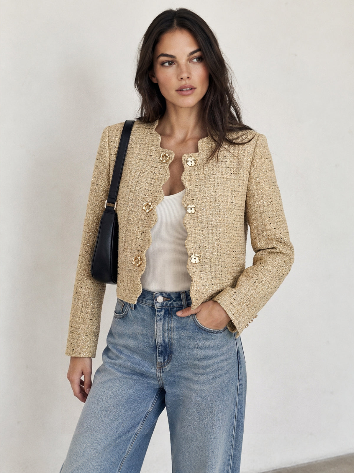 Scallop Edge Lentejuelas Tweed Cropped Chaqueta