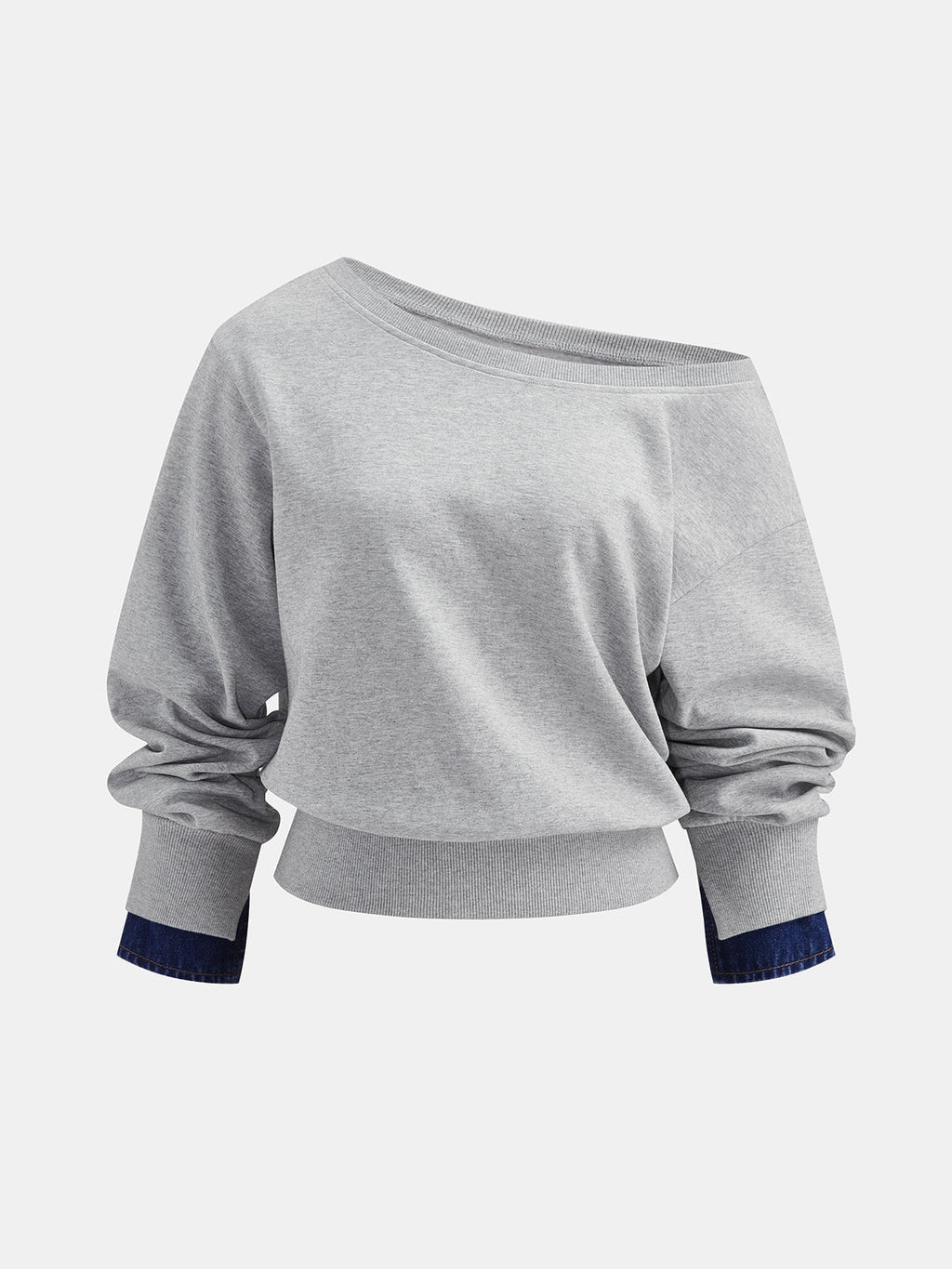 Dos-Way Denim Cuff Hombros Descubiertos Sweatshirt