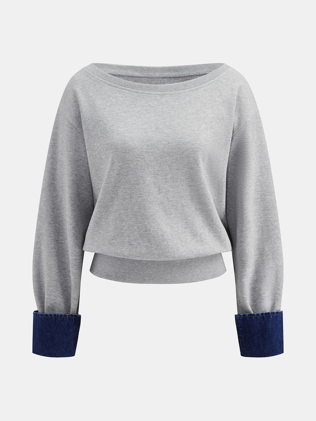 Dos-Way Denim Cuff Hombros Descubiertos Sweatshirt