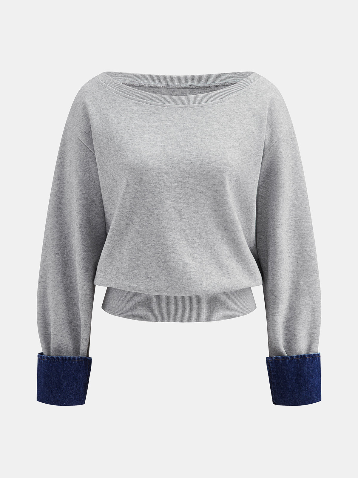 Dos-Way Denim Cuff Hombros Descubiertos Sweatshirt