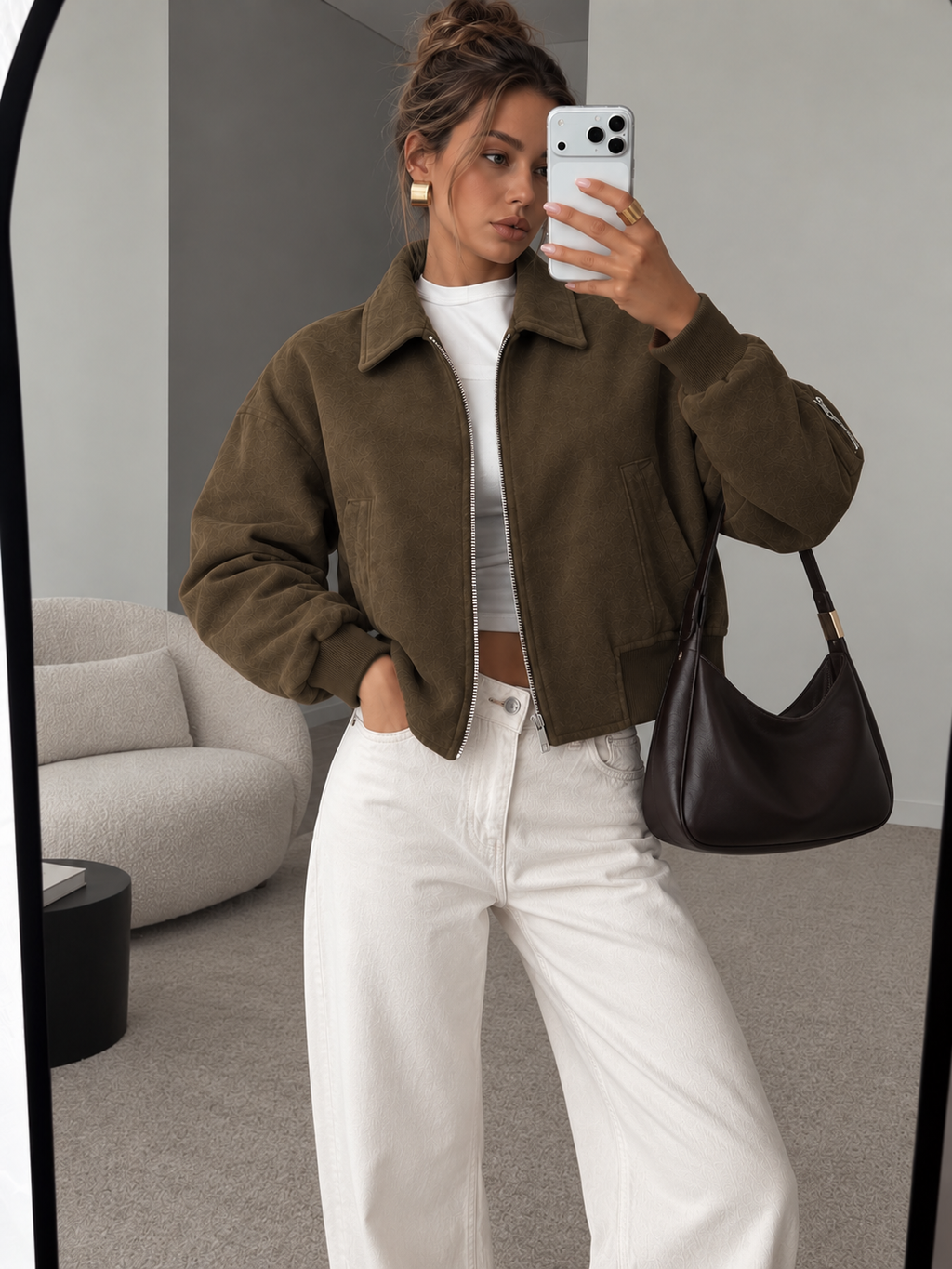 Faux-Ante Cropped Zip-Up Bomber Chaqueta
