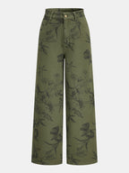 Vintage Floral Straight Denim Pantalón