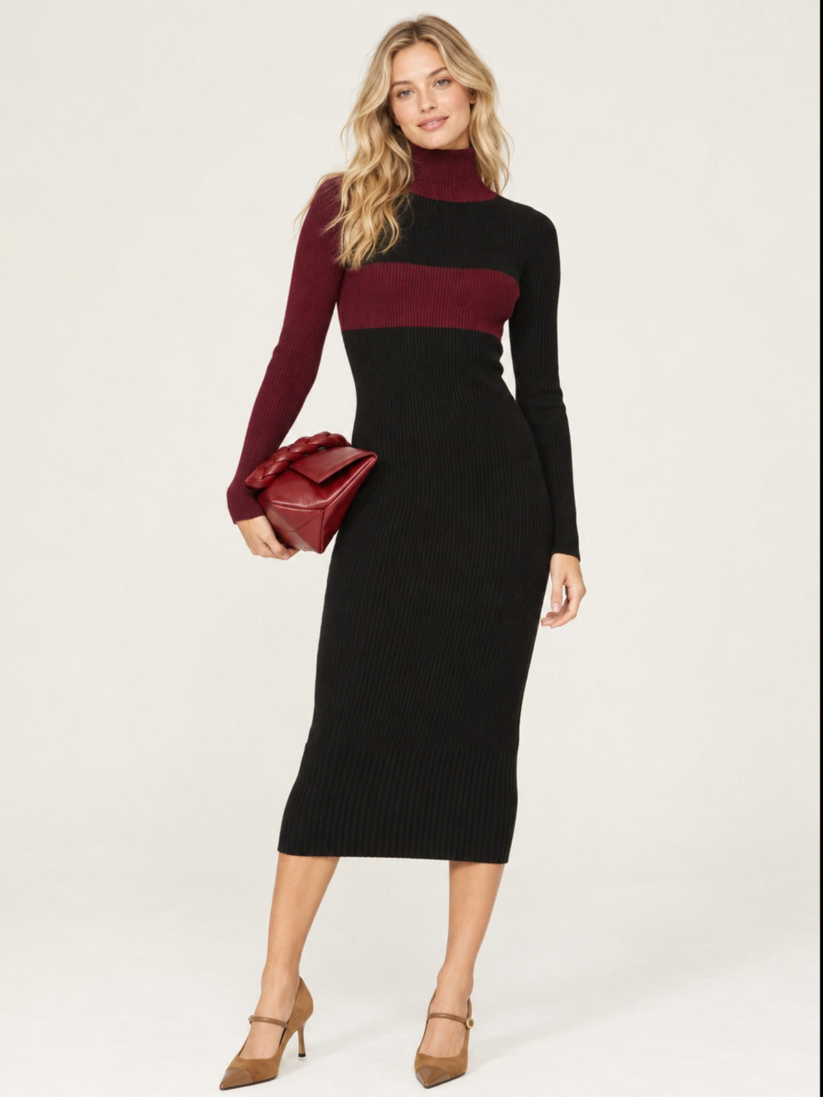 Vestido Midi de Lana Color Block