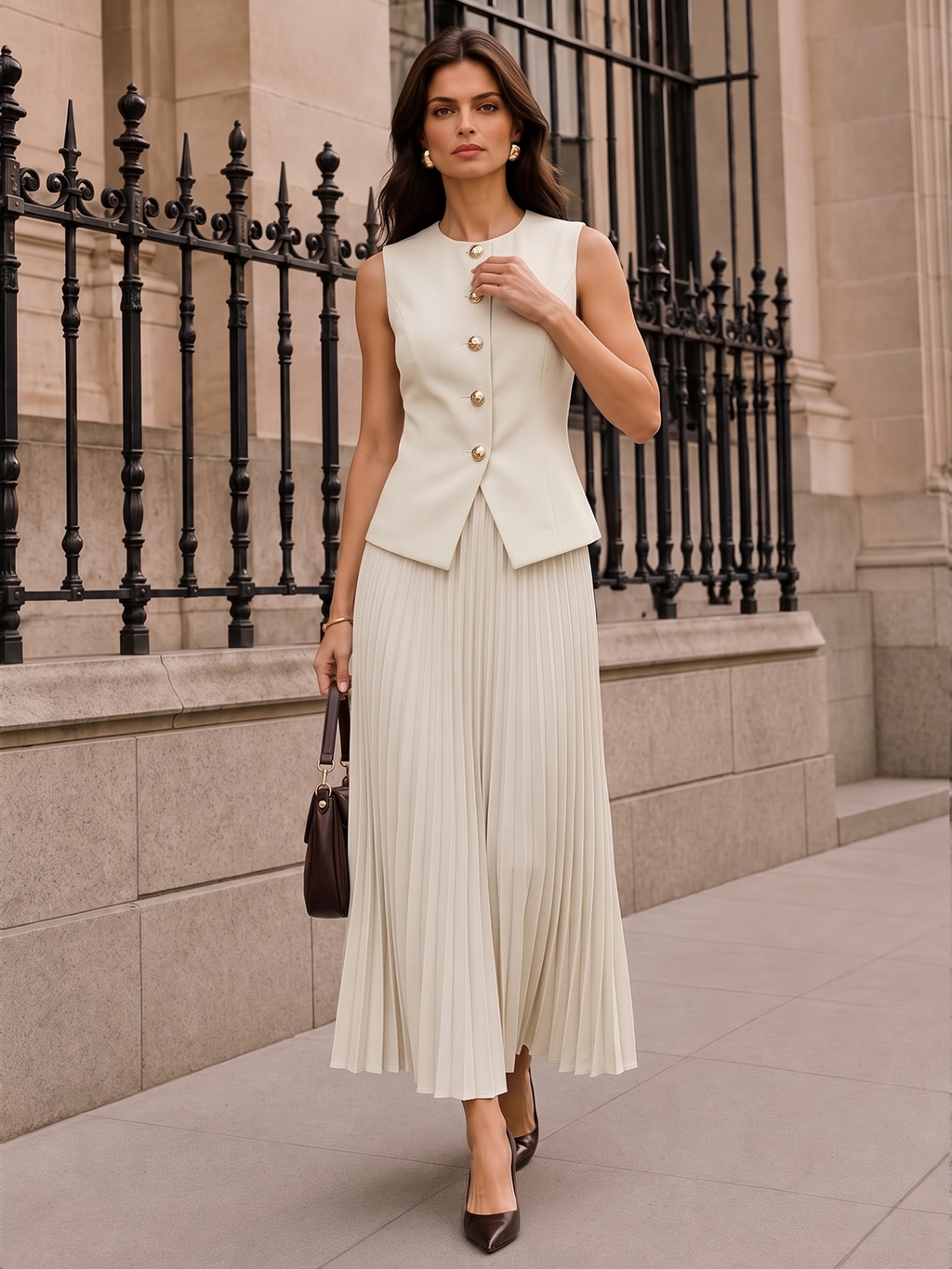 Botones Metálicos Chaleco Plisado midi Falda Set