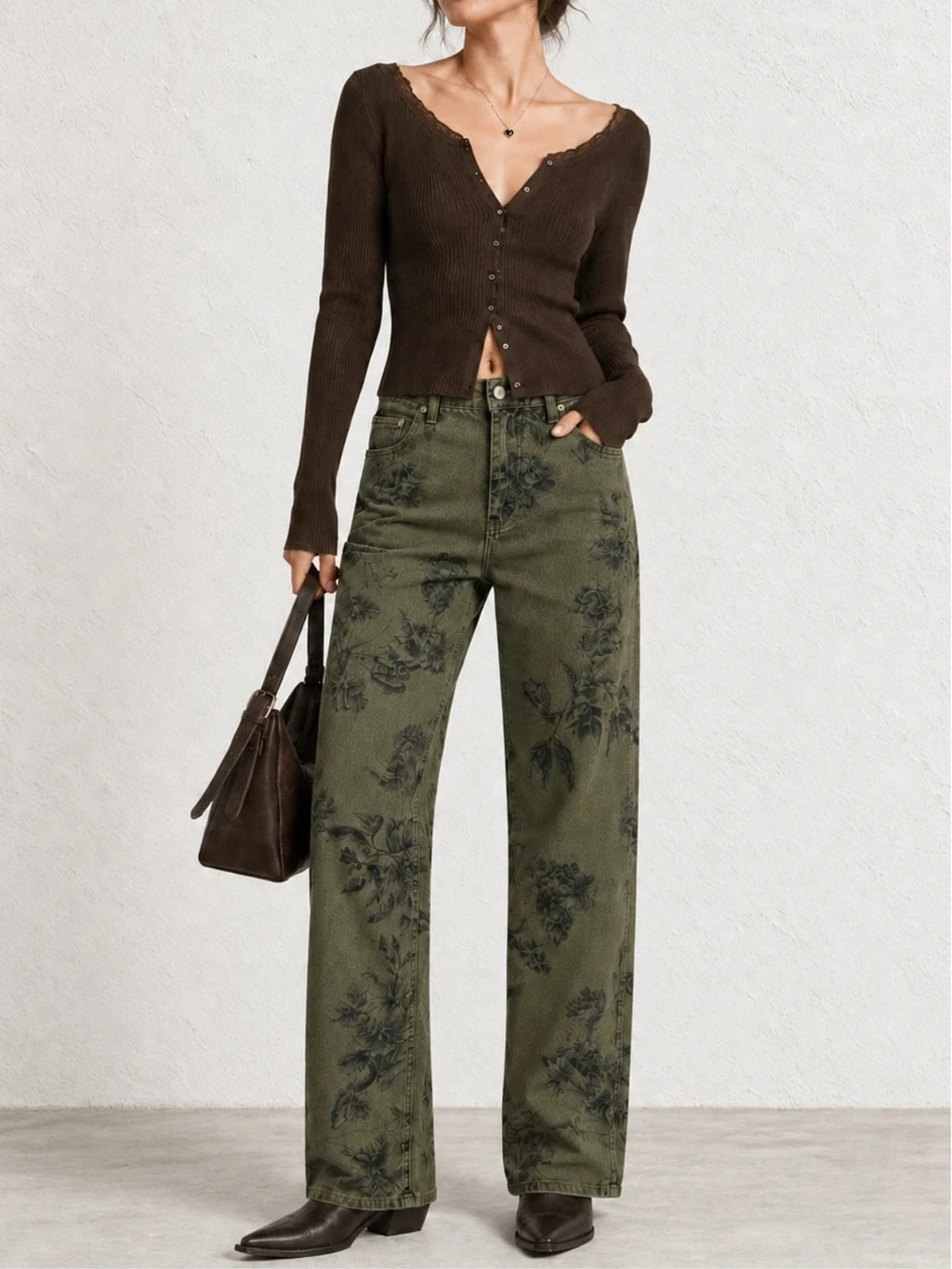Vintage Floral Straight Denim Pantalón