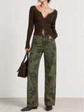 Vintage Floral Straight Denim Pantalón