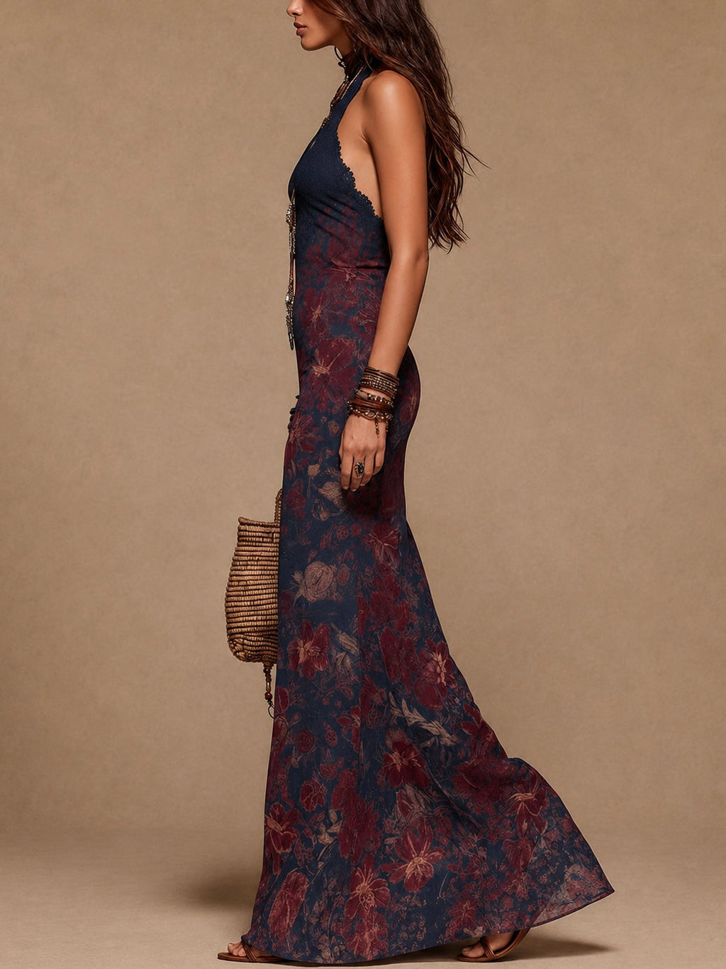 Lía - Vestido longue à fleurs, avec de la dentelle et une coupe sirène
