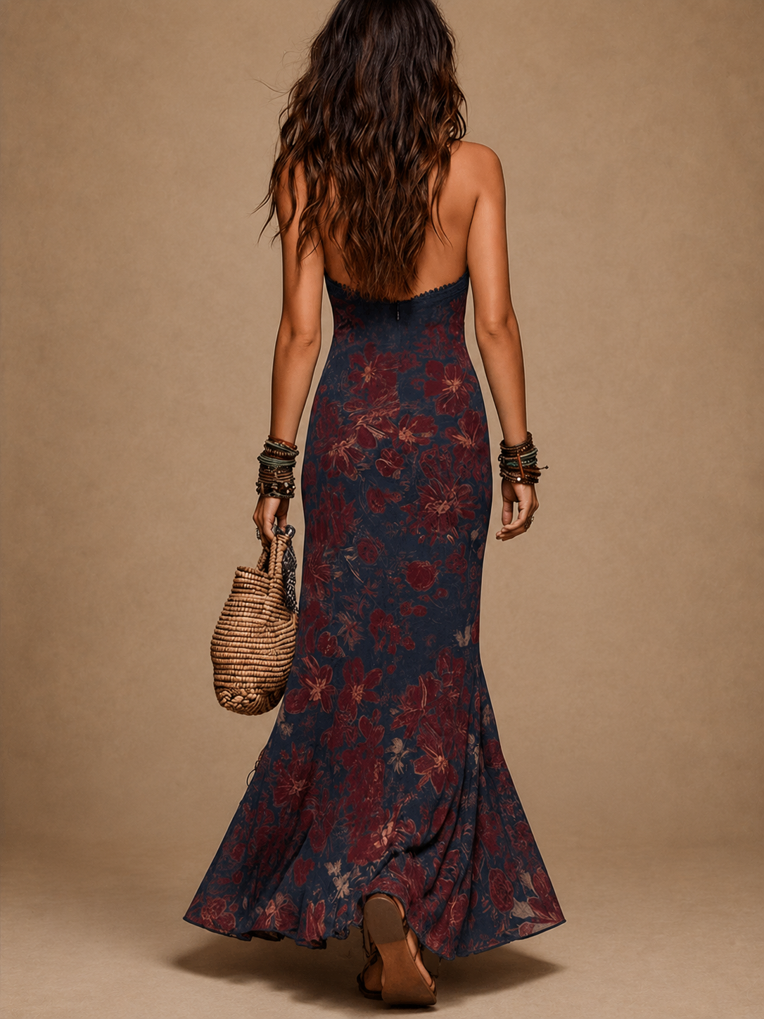Lía - Vestido longue à fleurs, avec de la dentelle et une coupe sirène