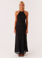 Vestido Largo · Negro Texturizado Cuello Halter
