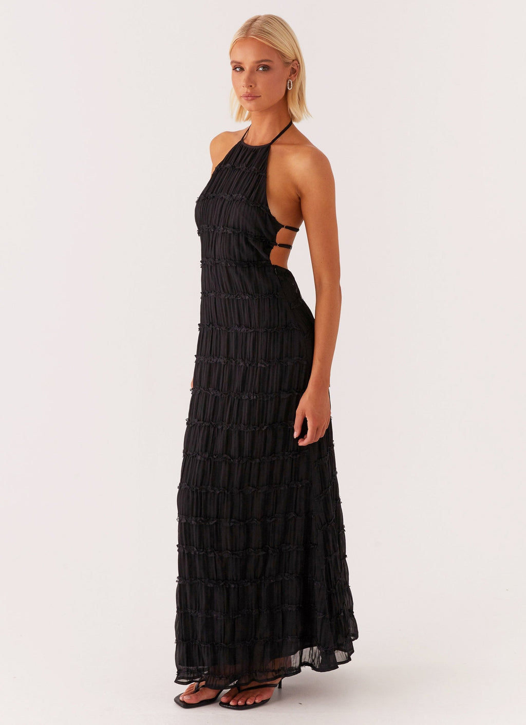 Vestido Largo · Negro Texturizado Cuello Halter