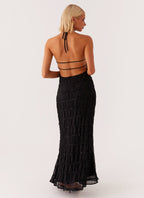 Vestido Largo · Negro Texturizado Cuello Halter