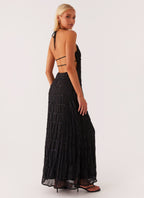 Vestido Largo · Negro Texturizado Cuello Halter